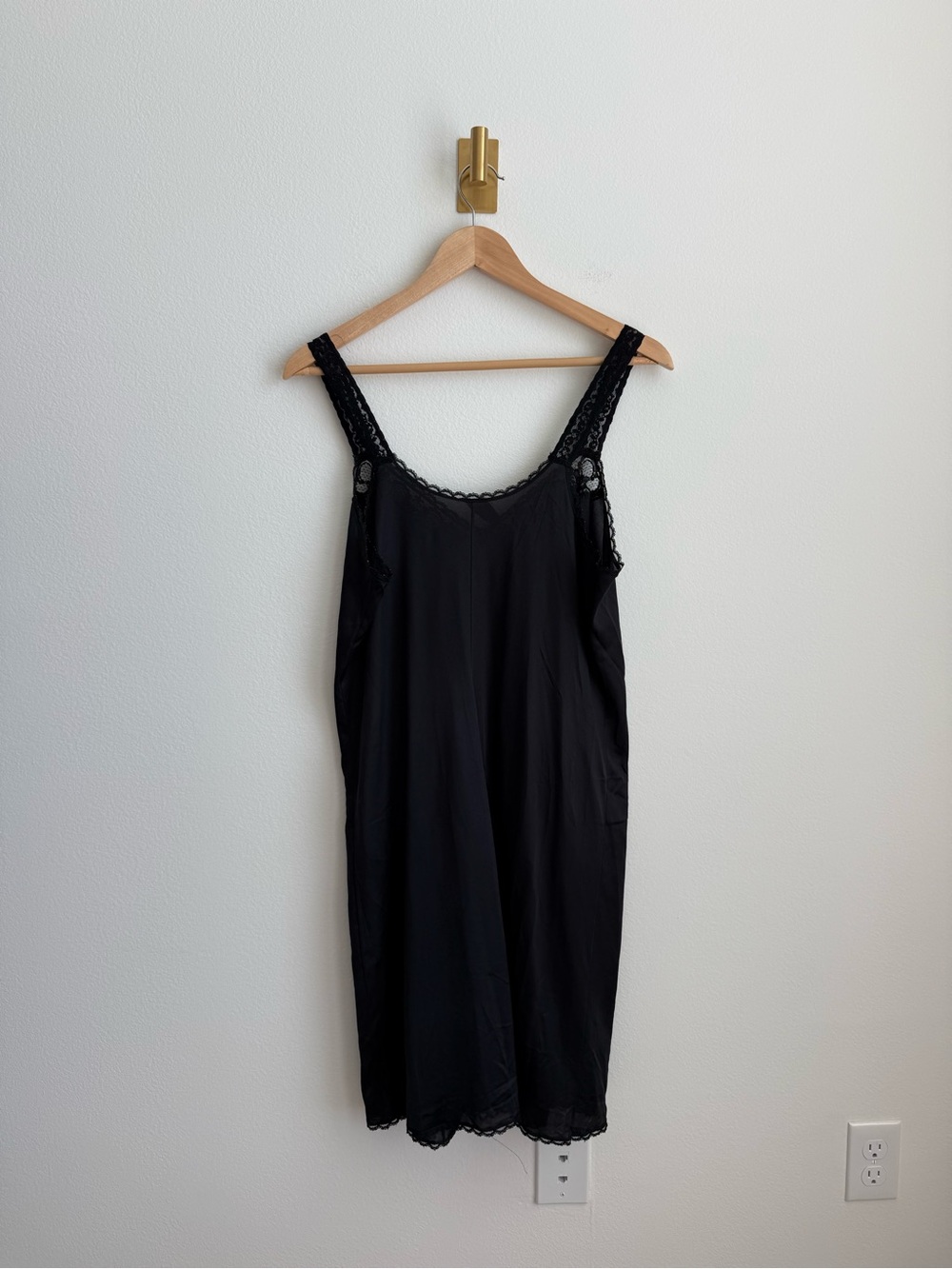 Vintage Black Satin Slip Dress Lace Trim Chemise Nightgown Lingerie One Size - Picture 5 of 5